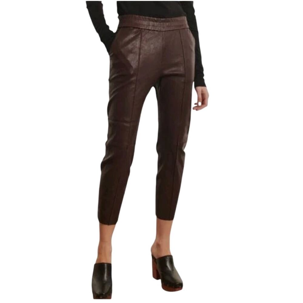 SPRWMN Lambskin Leather Straight Leg Cropped Jogger Pants Dark Chocolate Brown